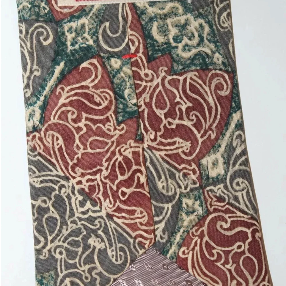 2/$20 Venanzi Men Neck Tie 100% Silk Abstract Cognac Wavy Design Gray Green - Picture 3 of 6